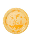 Decorative yellow plate with floral and boat design on a white background