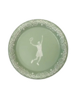 Green plate with a white silhouette of a tennis player and racket on a light gray background