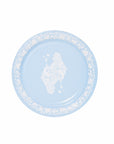 Round blue plate with queen of hearts card image on an ice blue background, like Jasperware.