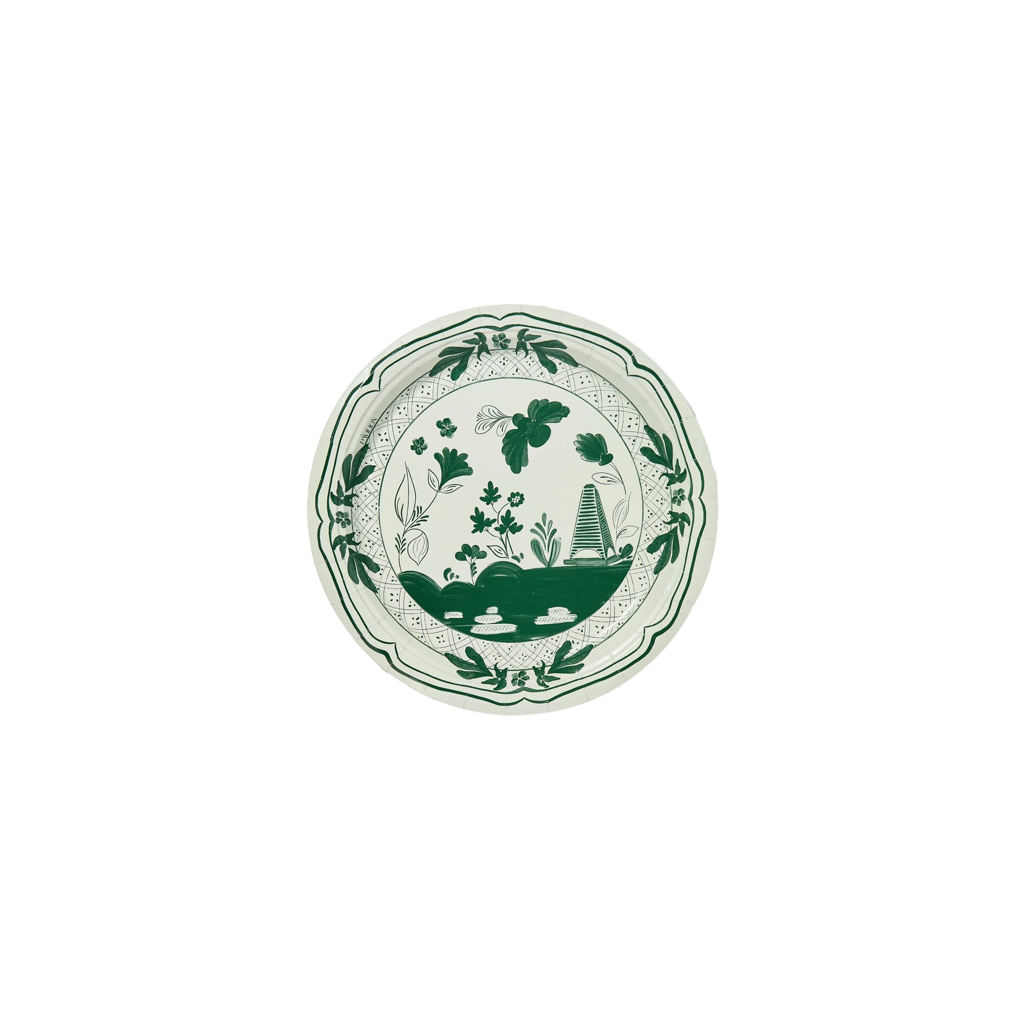 Decorative plate with green leaf patterns on a white background