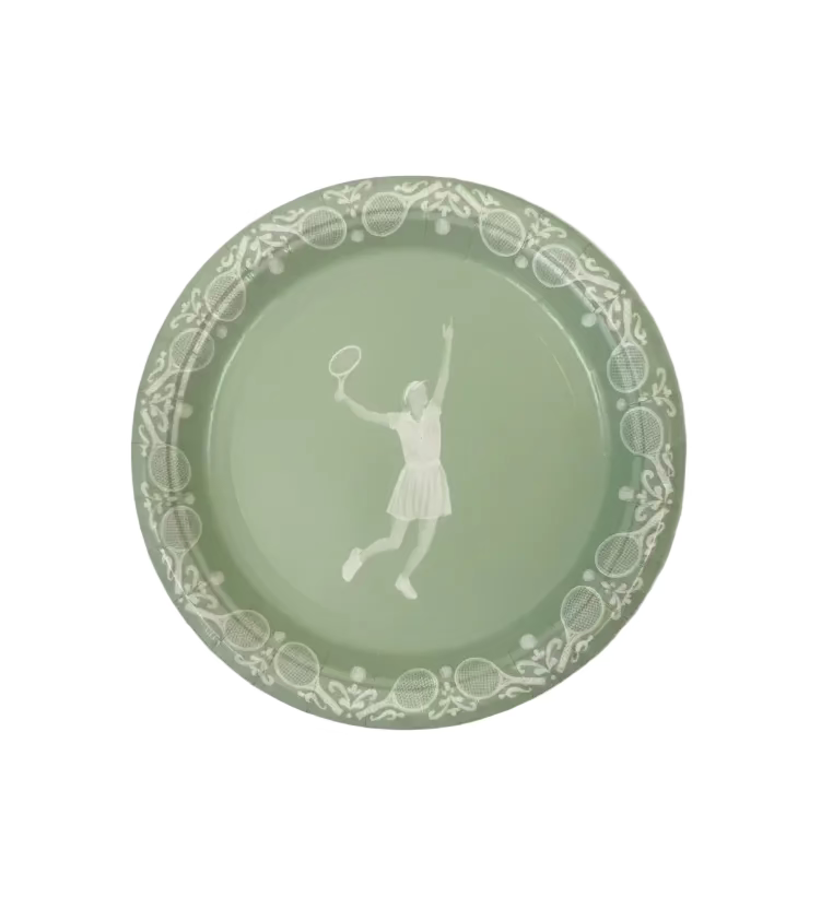 Green plate with a white silhouette of a tennis player and racket on a light gray background