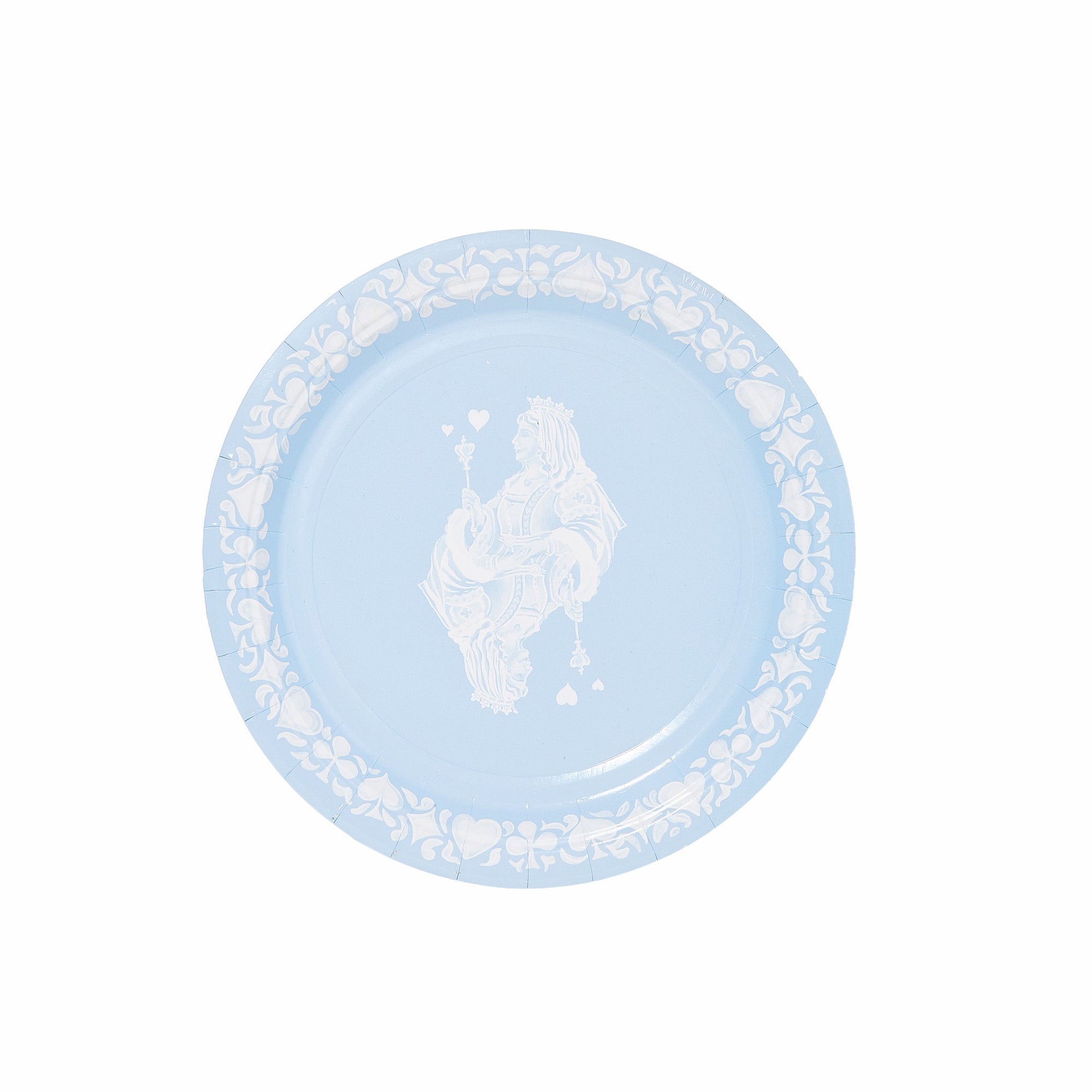 Round blue plate with queen of hearts card image on an ice blue background, like Jasperware. 