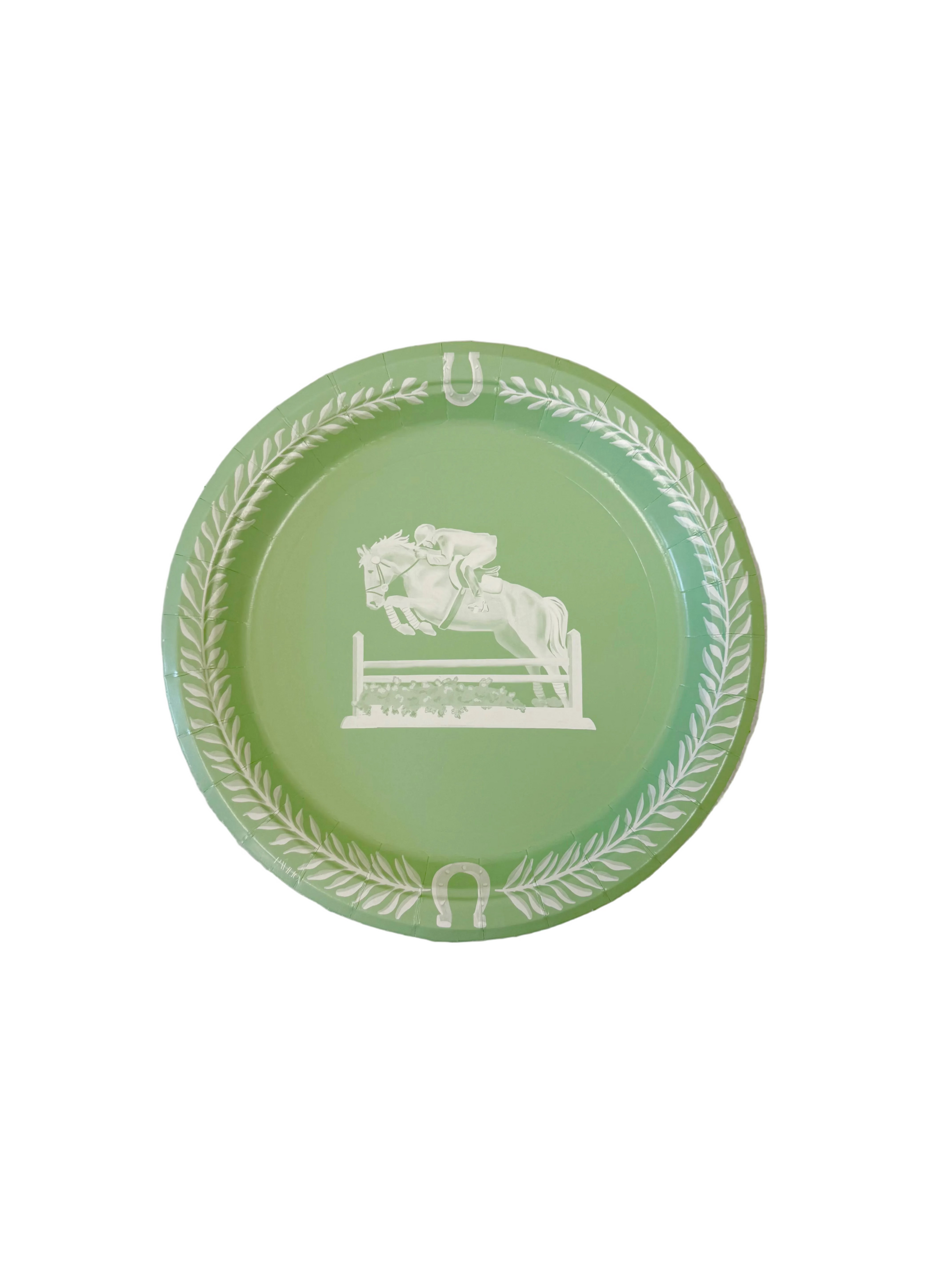 Green paper plate with white horse design 