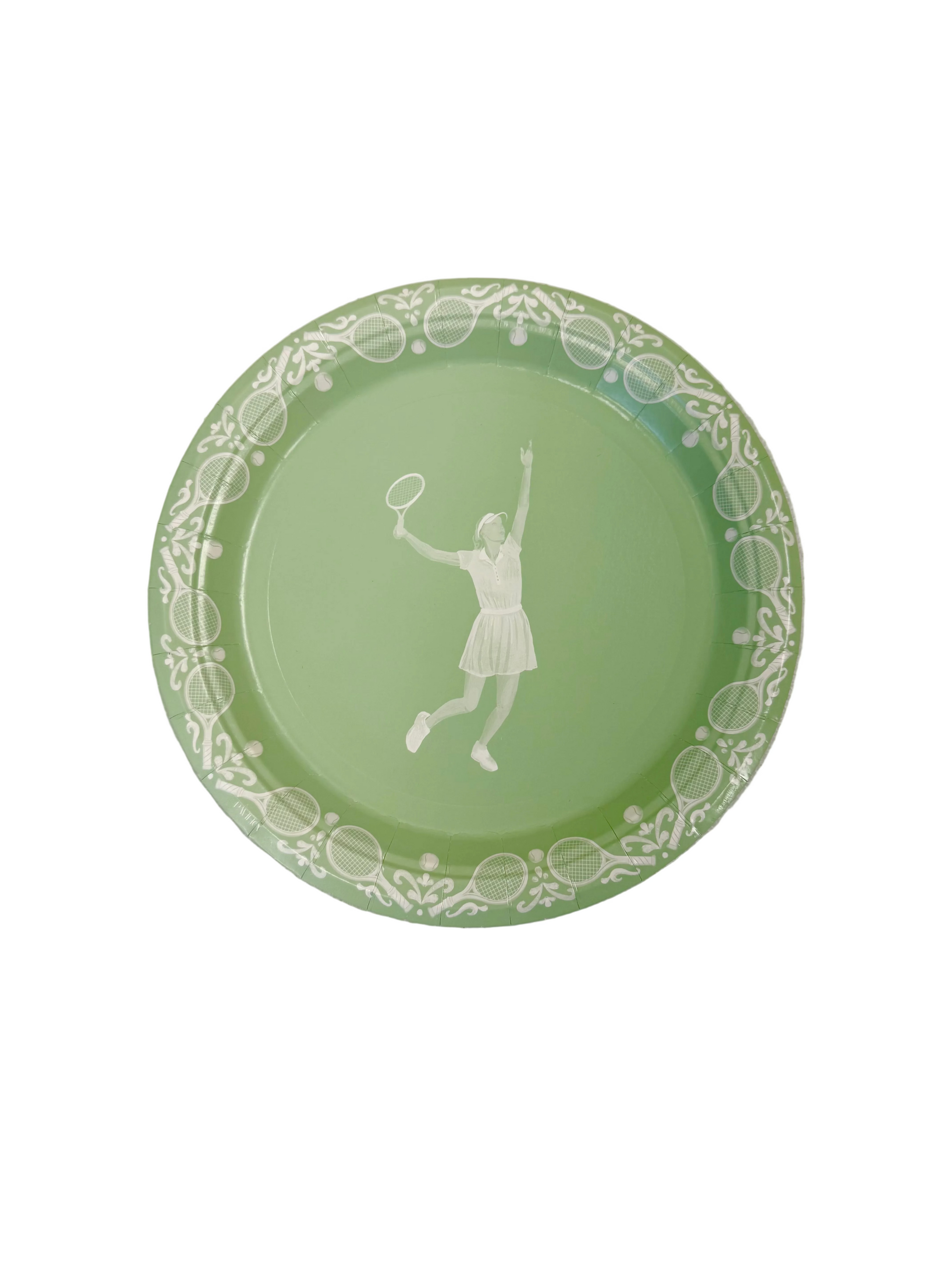 Green plate with a white silhouette of a tennis player and racket on a white background