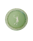 Green plate with a white silhouette of a tennis player and racket on a white background